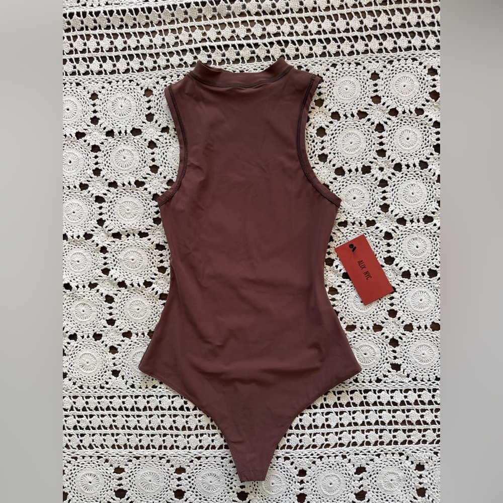 ALIX NYC Cody Silk Jersey Mock Neck Bodysuit Chocolate Brown NWT Size XS - Picture 5 of 14